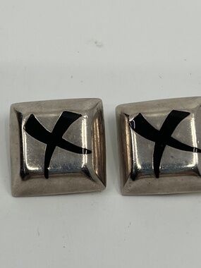 Mexican Onyx Sterling Modernist Clip On Earrings TF-105 1980's Taxco